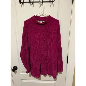 Vintage By Design bright Pink Sweater soft with balls down front